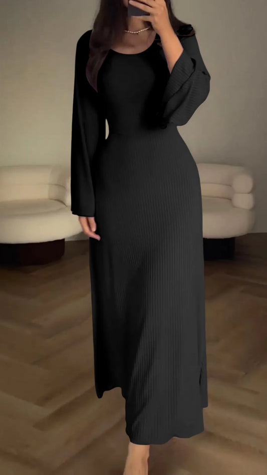 Maxikleid | Schnürung | Lange Ärmel | Einfarbig | Rundhals | Locker-Schwarz-S-Luzern Mode