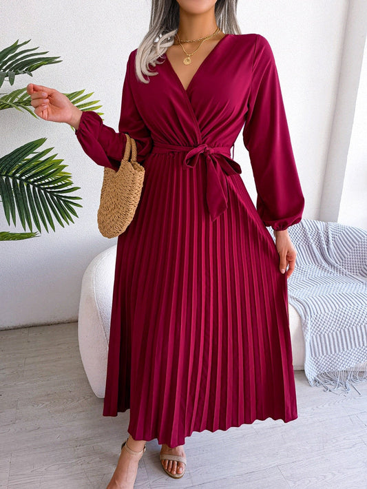 Maxikleid | Wickeloptik | Lange Ärmel | V-Ausschnitt | Lotusärmel-Rot-S-Luzern Mode