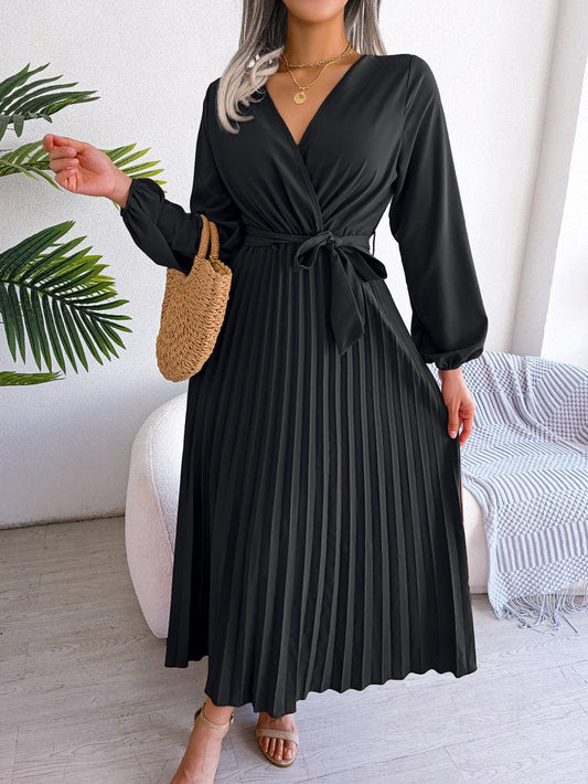Maxikleid | Wickeloptik | Lange Ärmel | V-Ausschnitt | Lotusärmel-Schwarz-S-Luzern Mode
