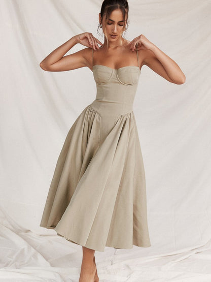 Midi Abendkleid | Plisseesaum | Rückenfrei | Ärmellos | Einfarbig-Creme-S-Luzern Mode