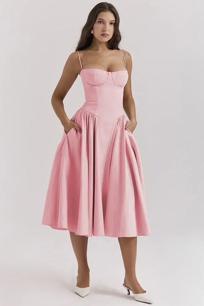 Midi Abendkleid | Plisseesaum | Rückenfrei | Ärmellos | Einfarbig-Rosa-S-Luzern Mode