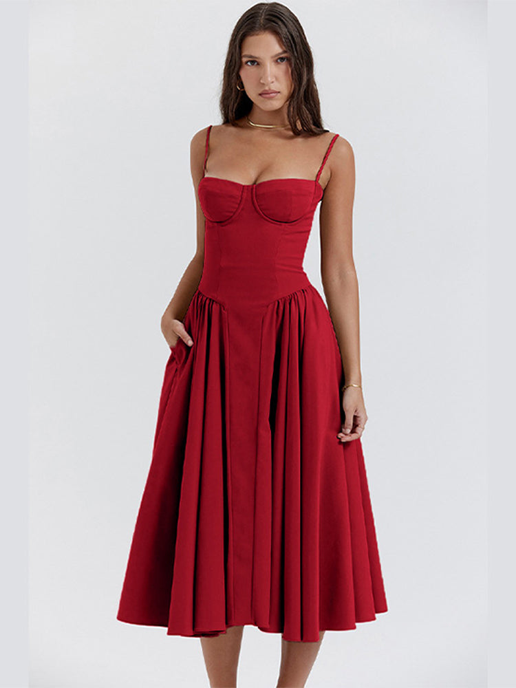 Midi Abendkleid | Plisseesaum | Rückenfrei | Ärmellos | Einfarbig-Rot-S-Luzern Mode