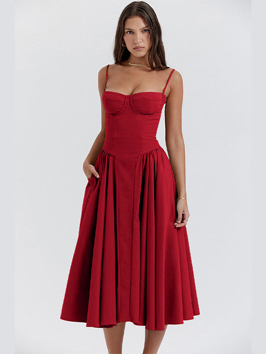 Midi Abendkleid | Plisseesaum | Rückenfrei | Ärmellos | Einfarbig-Rot-S-Luzern Mode