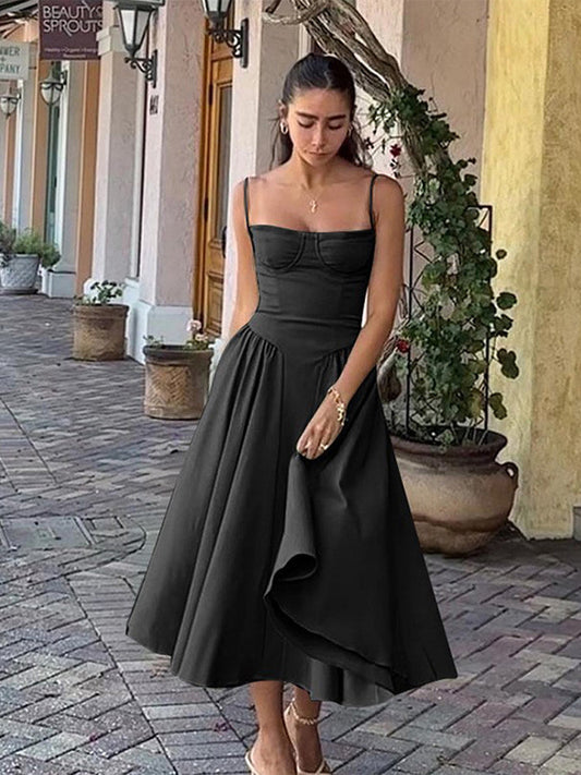 Midi Abendkleid | Plisseesaum | Rückenfrei | Ärmellos | Einfarbig-Schwarz-S-Luzern Mode