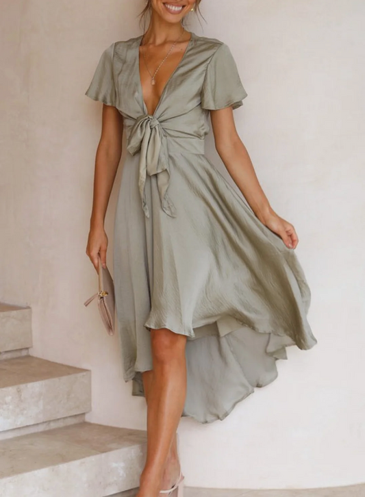Sommerkleid | Einfarbig | Knielang | Fließender Polyester | Leicht-Grün-S-Luzern Mode
