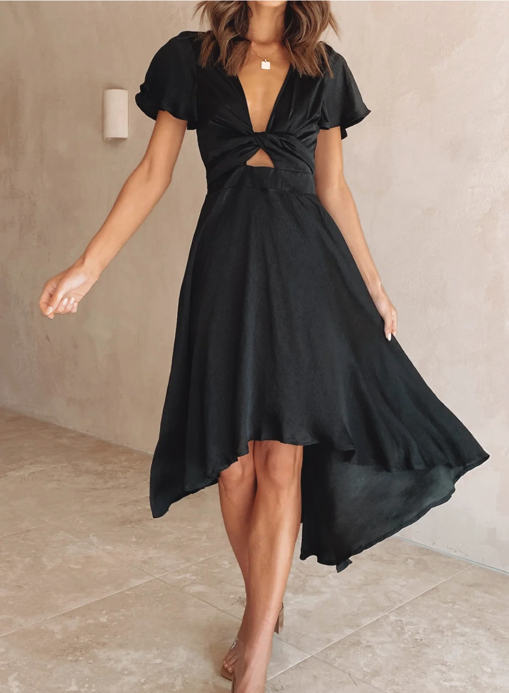 Sommerkleid | Einfarbig | Knielang | Fließender Polyester | Leicht-Schwarz-S-Luzern Mode