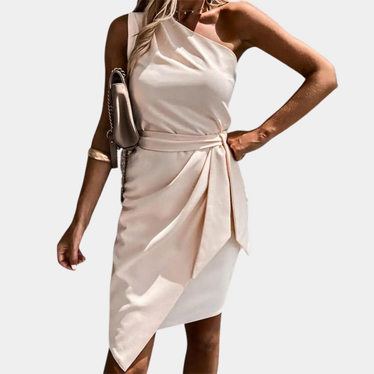 Damen One-Shoulder-Kleid Apricot, elegantes Design, knielang, für Sommermode.