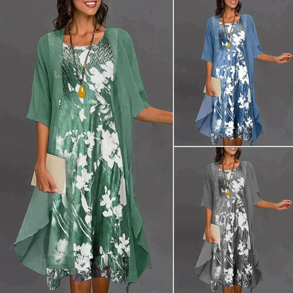 Damenkleid-Set mit Blumenmuster, Rundhals, große Saum, grün, blau, grau, elegant, Sommermode.