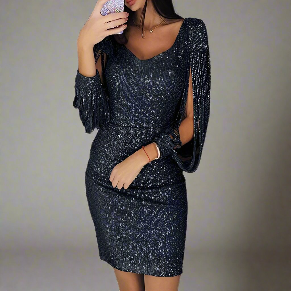 Damenkleid mit Pailletten, V-Ausschnitt, elegant, schwarz, Partykleid, Abendmode.