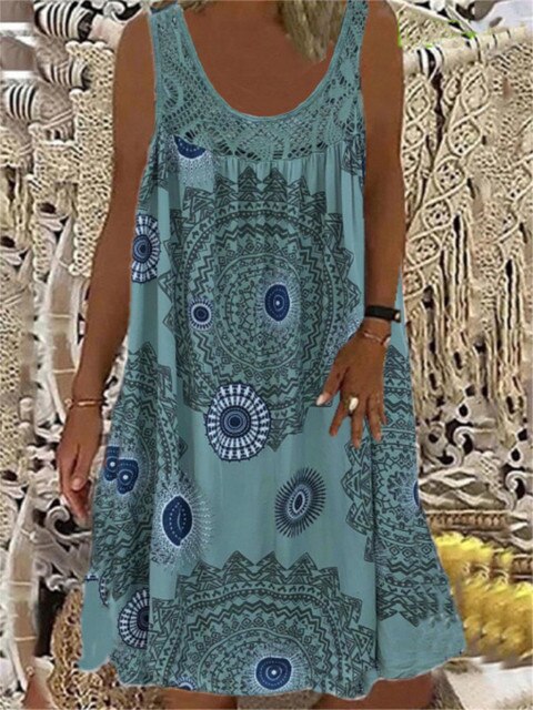 Damen Sommerkleid, ärmellos, geometrischer Druck, blau, lässig, Vintage-Stil.