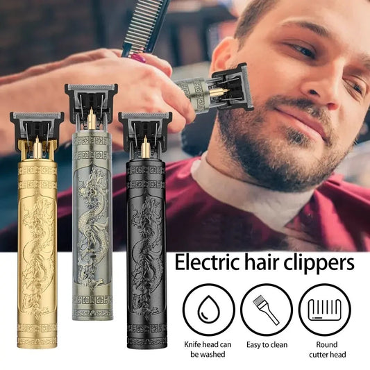 Elektrische Haarschneider, gold, silber, schwarz, mit Drachenmuster, waschbarer Klingenkopf.