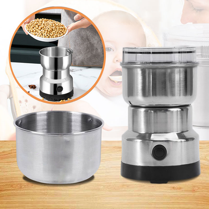 Elektrische Kaffeemühle aus Edelstahl, tragbar, mit Getreidemahlwerk, ideal für trockene Körner.