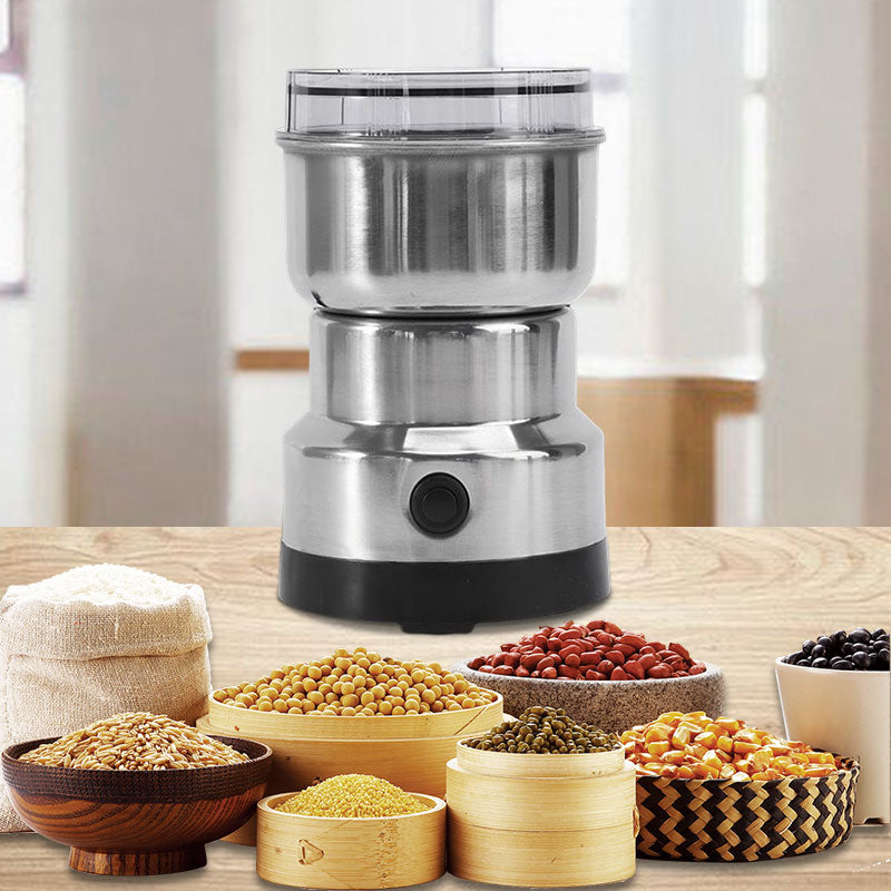Elektrische Kaffeemühle aus Edelstahl mit Getreidemahlwerk, ideal für trockene Körner.