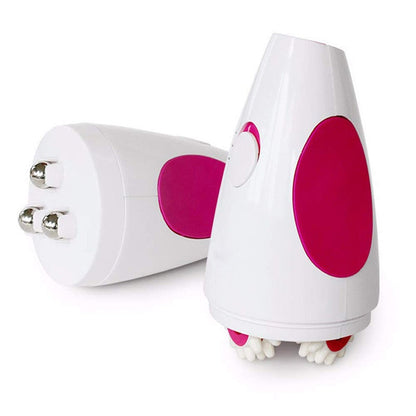 Weißer und pinker elektrischer Cellulite-Massagegerät mit Rollen und Metallkugeln.