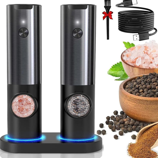 Elektrische Salz- und Pfeffermühle Set, Edelstahl, USB-aufladbar, mit LED-Licht, Schwarz
