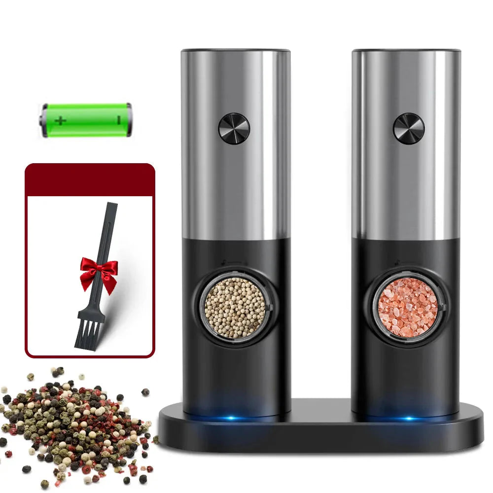 Elektrische Salz- und Pfeffermühle Set, Edelstahl, LED-Licht, Batteriebetrieben, Schwarz/Silber
