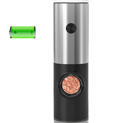 Elektrische Salz- und Pfeffermühle aus Edelstahl mit Batterie, schwarz-silber, modern.