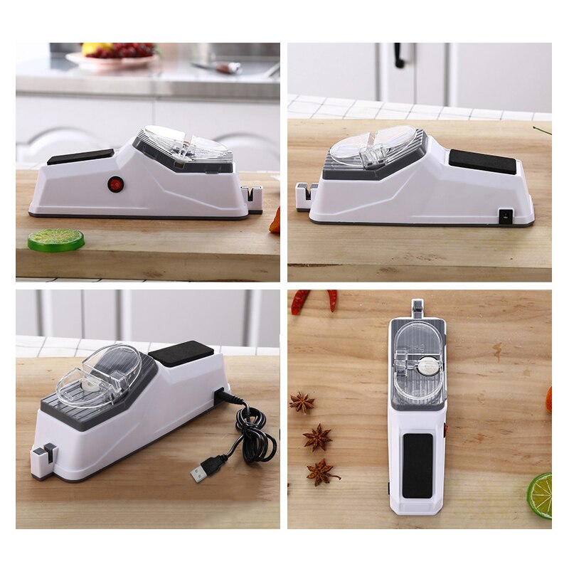 Elektrischer Messerschärfer, weiß, USB-Anschluss, rutschfeste Basis, Küche, Schleifgerät.