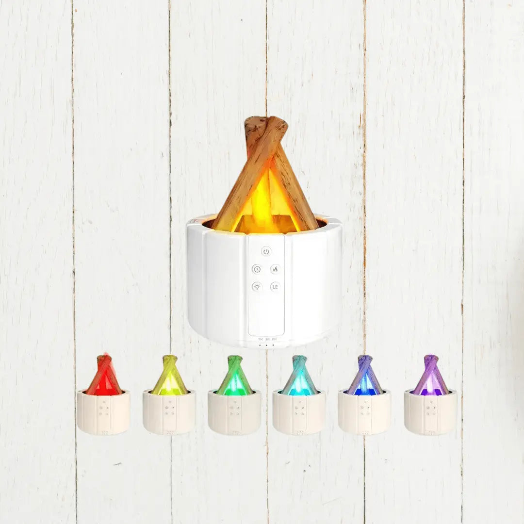 Weißer Aroma-Diffuser mit LED-Flammen, Holzoptik, sechs Farben, ätherische Öle, Raumduft.