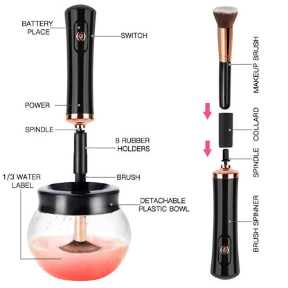 Elektrischer Make-up-Pinselreiniger, schwarz, mit abnehmbarem Kunststoffbehälter und Zubehör.