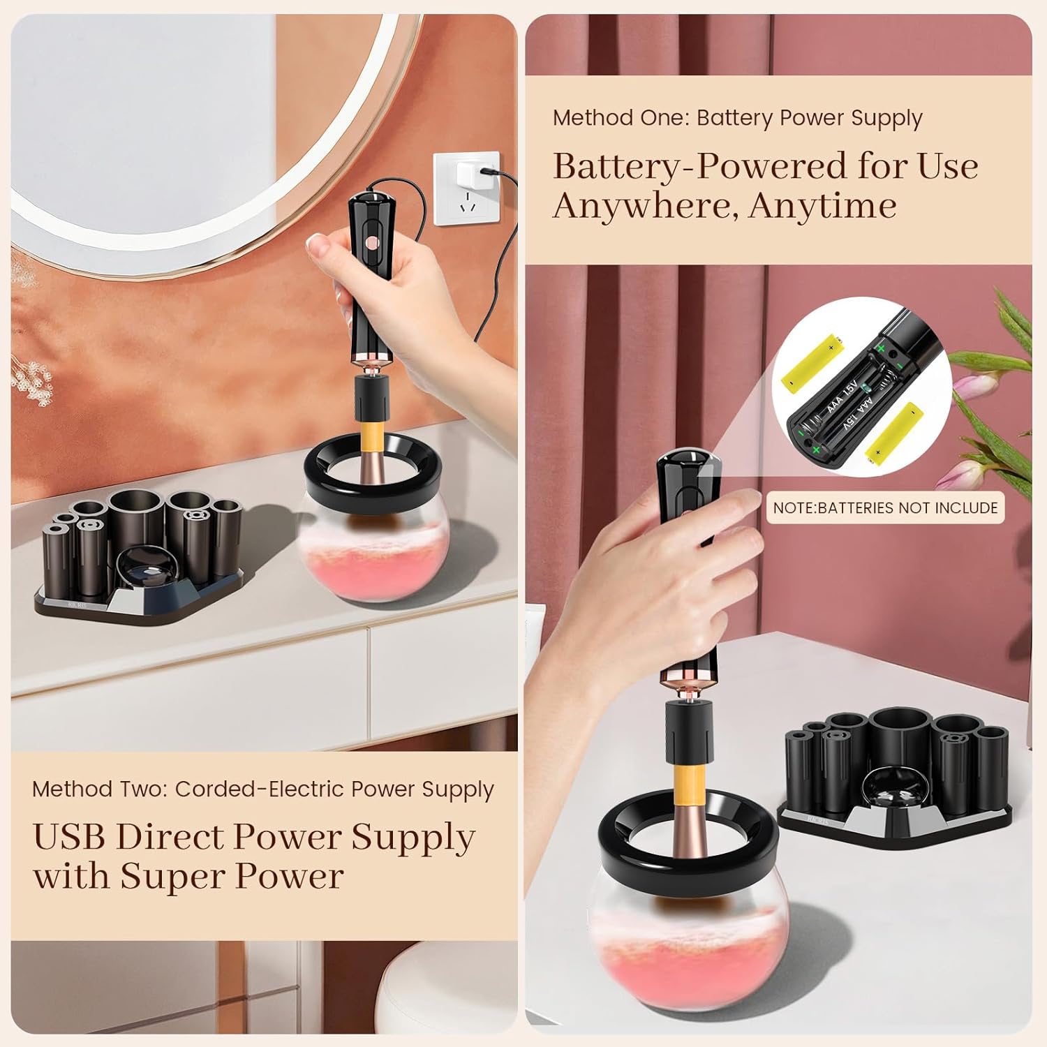 Elektrischer Make-up-Pinselreiniger, schwarz, batteriebetrieben, USB-Anschluss, kompakt.