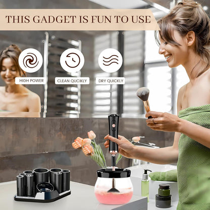 Frau benutzt elektrischen Make-up-Pinselreiniger im Badezimmer, schnelles Trocknen, Schwarz.
