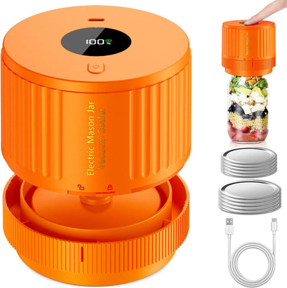 Elektrischer Vakuumierer für Einmachgläser, orange, mit USB-Kabel und Deckeln, Lebensmittelkonservierung.