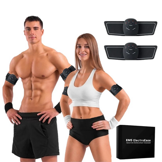 Mann und Frau mit EMS-Trainingsgeräten an den Armen, schwarz, Fitness, Muskelstimulation.