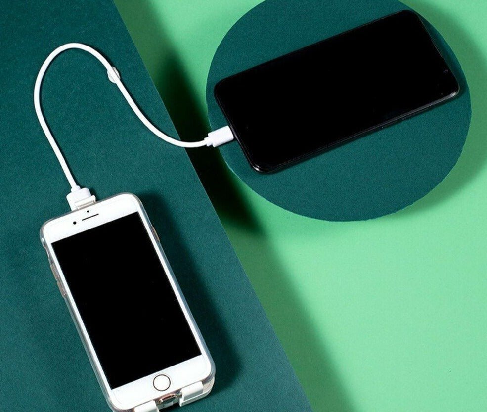 Faltbare Powerbank Calora, schwarz, lädt Smartphone, tragbares Ladegerät, USB-Kabel, grünem Hintergrund.