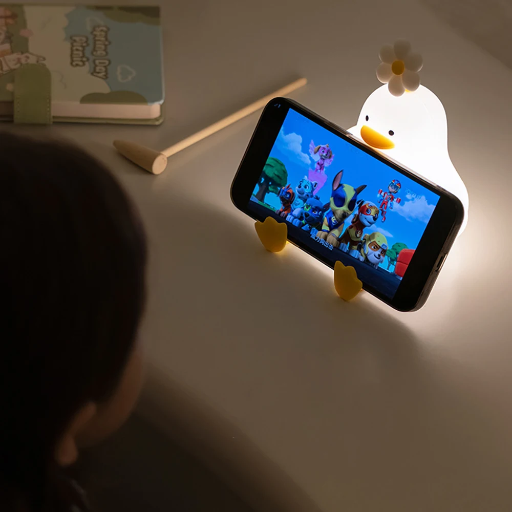 Entenförmige Handyhalterung mit Licht, gelbe Füße, Kinderzimmer-Dekoration, Nachtlicht.