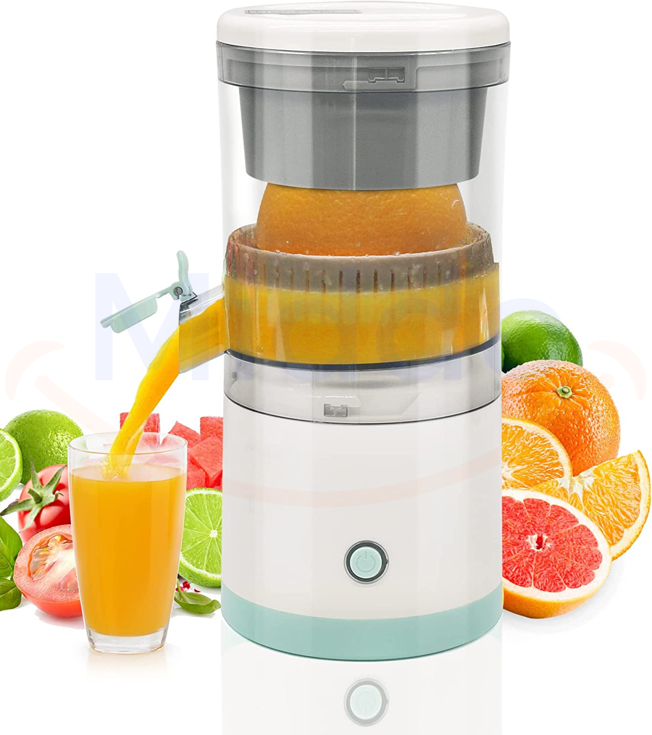 Elektrische Saftpresse, weiß, mit Glas frischen Orangensafts, ideal für Zitrusfrüchte.