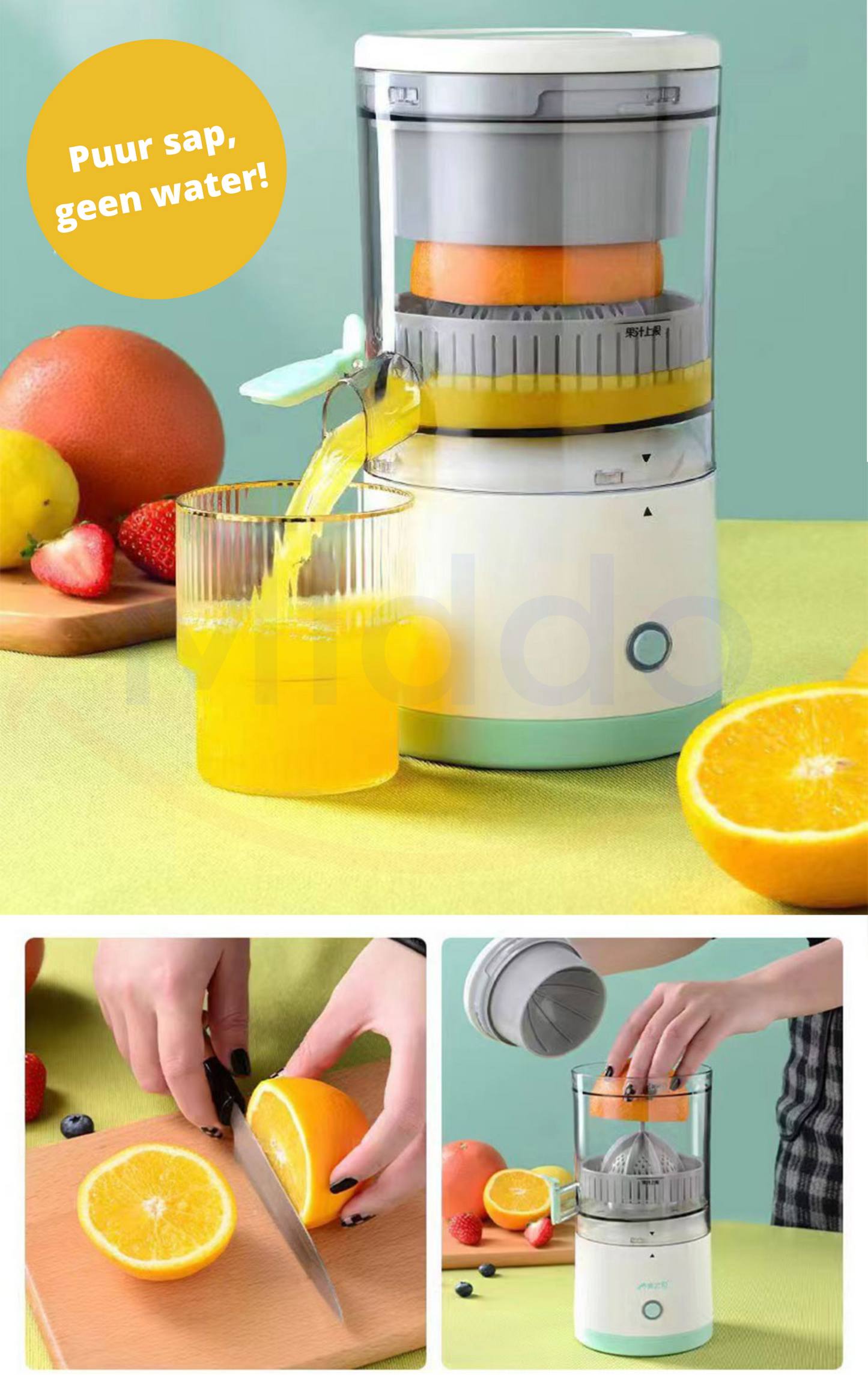 Elektrische Saftpresse, weiß, mit Orangen, frischem Saft, Obst, Küche, gesund, effizient.