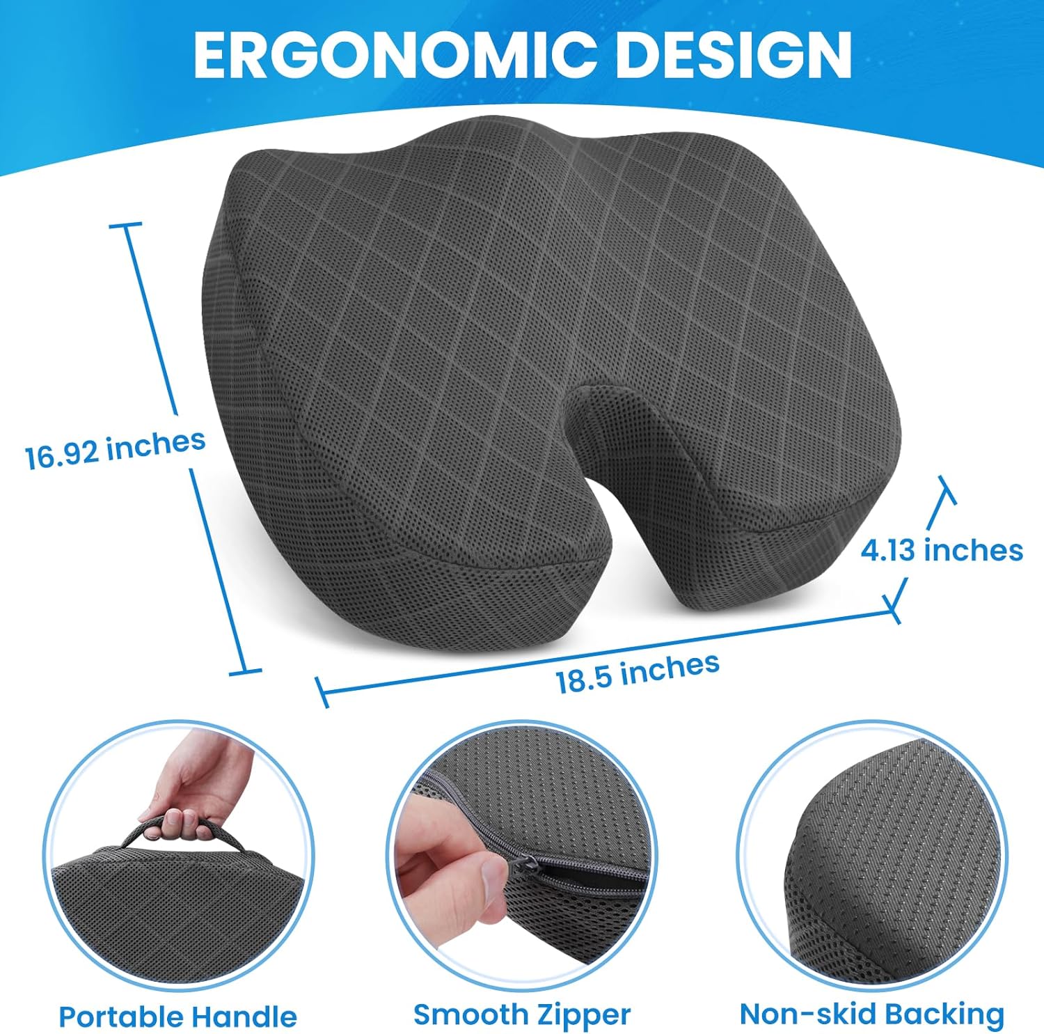 Ergonomisches Sitzkissen, grau, rutschfeste Unterseite, tragbarer Griff, glatter Reißverschluss.