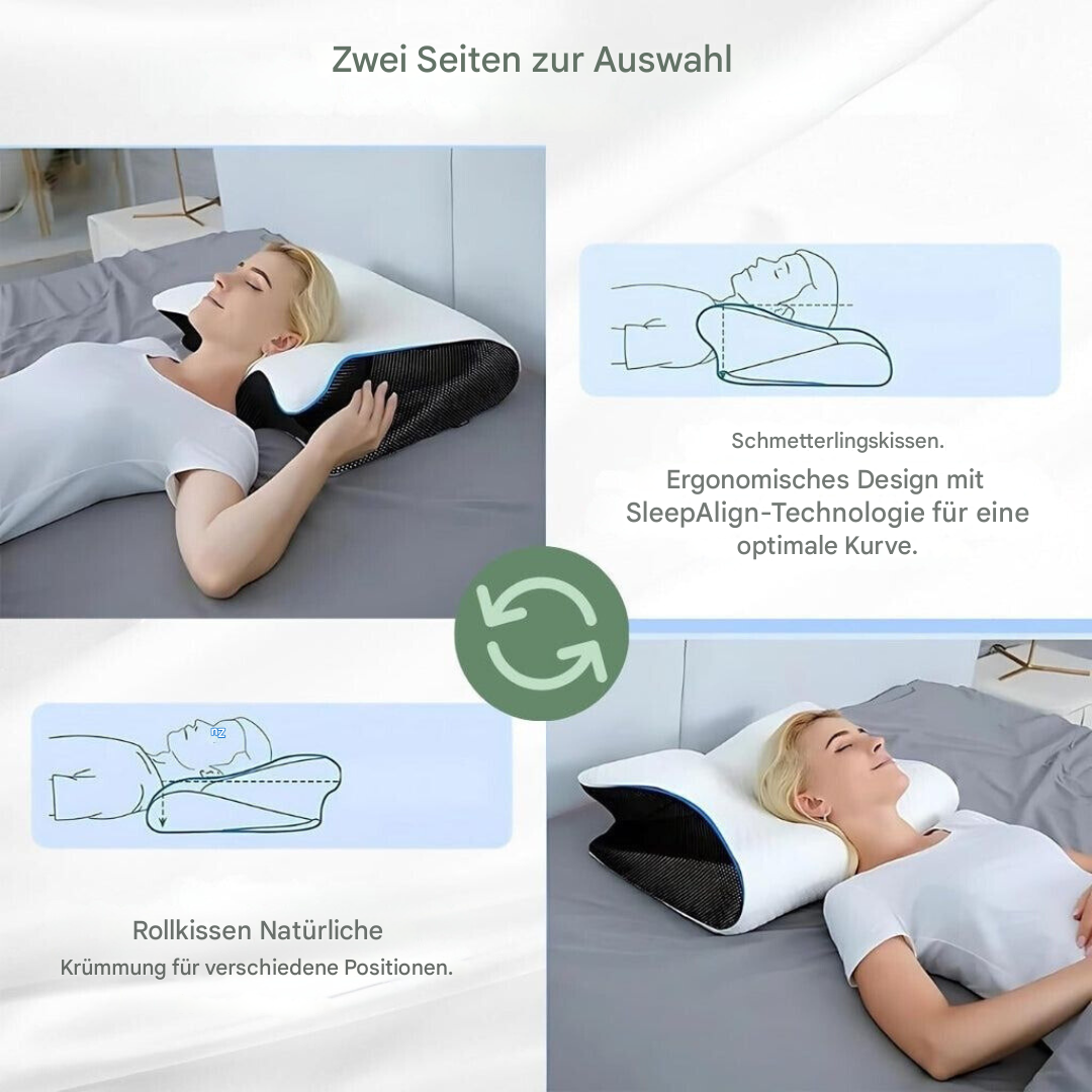 Infografik zu den zwei Kissenseiten, Schmetterlings- und Rollkissen, mit Skizzen und einer Frau in Rückenlage 9