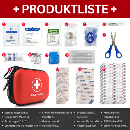 Rotes Erste-Hilfe-Set mit Inhalt: Pflaster, Schere, Mullbinden, Dreieckstuch, Pinzette.