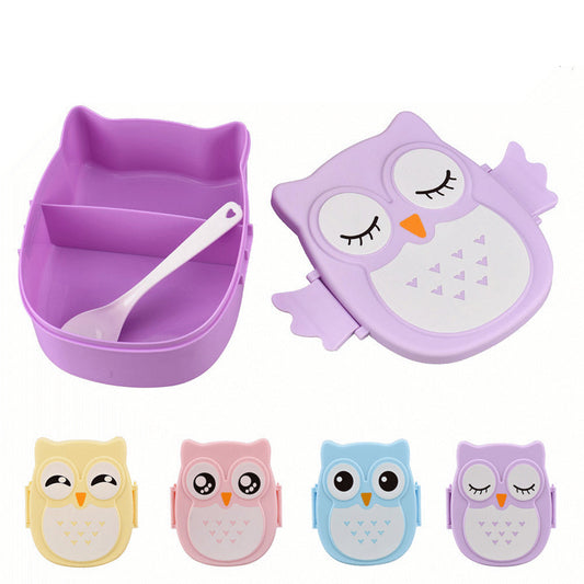 Lila Eulen-Brotdose aus Kunststoff mit Löffel, Bento-Box für Kinder, Lunchbox-Design.