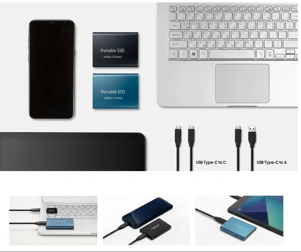 Flat Lay mit SSD, Smartphone, Laptop und Tablet sowie zwei USB-Kabeln, darunter drei Anschlussbeispiele 5