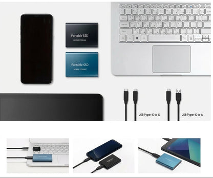 Flat Lay mit SSD, Smartphone, Laptop und Tablet sowie zwei USB-Kabeln, darunter drei Anschlussbeispiele 5