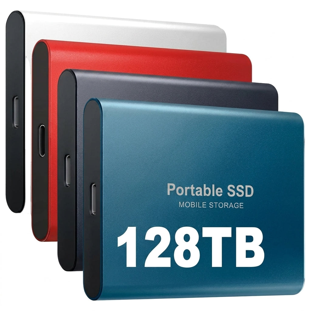 Vier schlanke Metallgehäuse in Silber, Rot, Dunkelblau und Blau hintereinander gestaffelt, USB-C-Anschluss an der Stirnseite 1