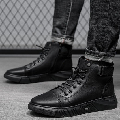 Schwarze Herren-Sneaker aus Leder, hohe Knöchel, modisches Design, lässige Schuhe.