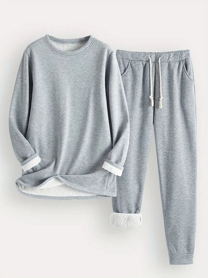 Zweiteiliges Set in hellem Grau: Pullover mit Rundhals und Jogginghose mit Bündchen, Fleece-Futter an Ärmeln und Beinen 7