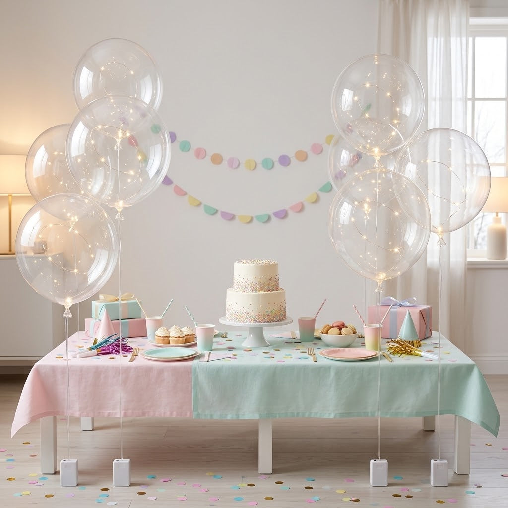 Leuchtende Ballons rahmen einen Geburtstagstisch mit Torte, Cupcakes und Pastelltischdecke ein 7