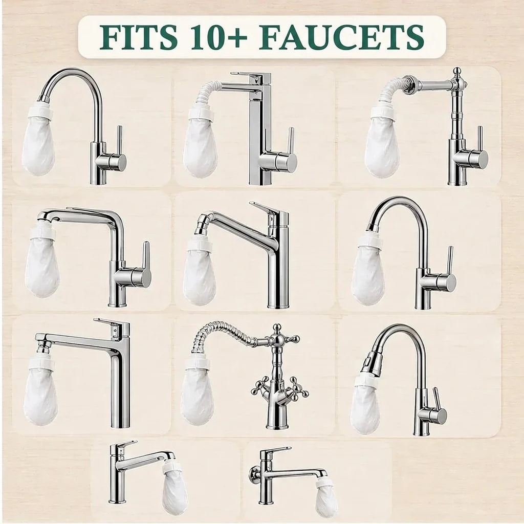 Raster mit zwölf verschiedenen Wasserhahn-Modellen, jeweils mit aufgesetztem weißen Filterbeutel, um die Passform an vielen Armaturen zu zeigen. 6