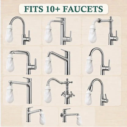 Raster mit zwölf verschiedenen Wasserhahn-Modellen, jeweils mit aufgesetztem weißen Filterbeutel, um die Passform an vielen Armaturen zu zeigen. 6