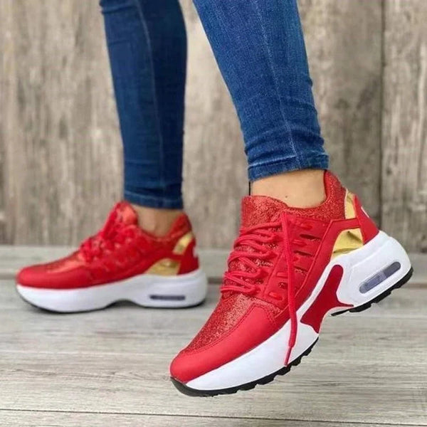 Rote Damen-Sneaker mit weißer Sohle, sportlich, bequem, modisch, ideal für Freizeitkleidung.