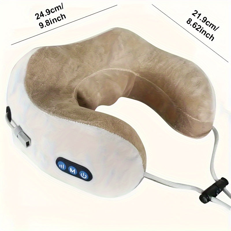Beige Nackenkissen mit Massagefunktion, Memory-Schaum, USB-Anschluss, ideal für Reisen.