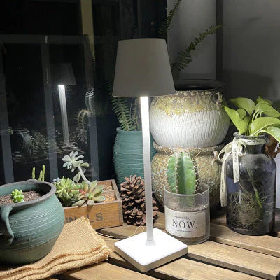 Moderne Tischlampe weiß, umgeben von grünen Zimmerpflanzen auf Holztisch, Nachtansicht.