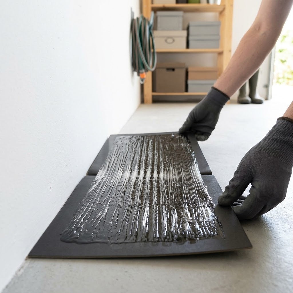 Hände in Handschuhen legen eine Klebefalle mit glänzender Klebeschicht in einer Garage aus 4