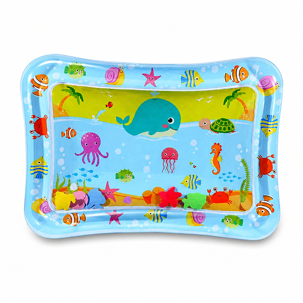 Rechteckige hellblaue Wassermatte von oben mit Wal, Oktopus, Schildkröte, Krebsen und bunten schwimmenden Figuren im Wasser. 7