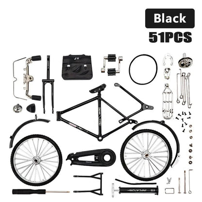 Schwarzes Fahrrad-Bausatz, 51 Teile, inklusive Rahmen, Räder, Pedale, Lenker, Zubehör.